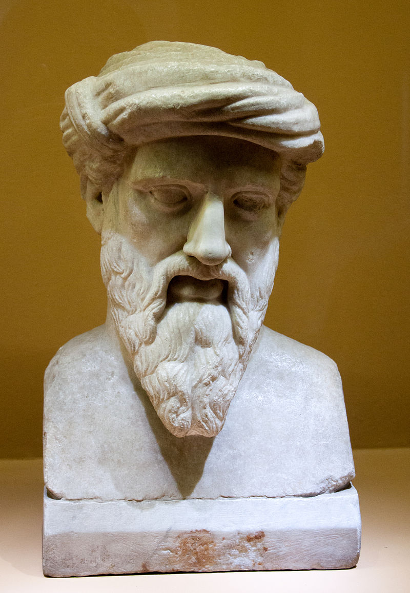 Bustul lui Pitagora. Copie romană după o statuie originală grecească, se găseşte la Roma, Muzeul Capitolini. Sursa foto Wikipedia.